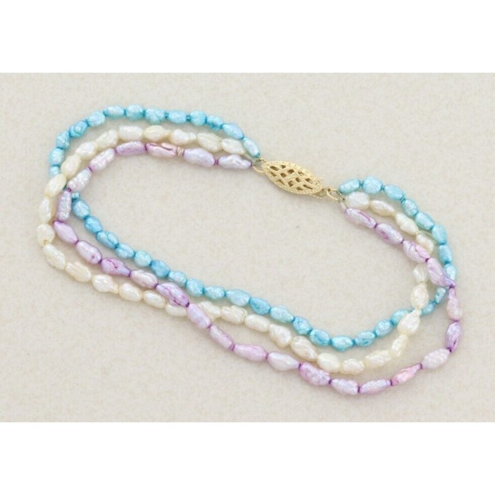 14k Yellow Gold Freshwater Natural Purple, White, Blue, Baroque Pearls 3 Strand - Picture 5 of 9
